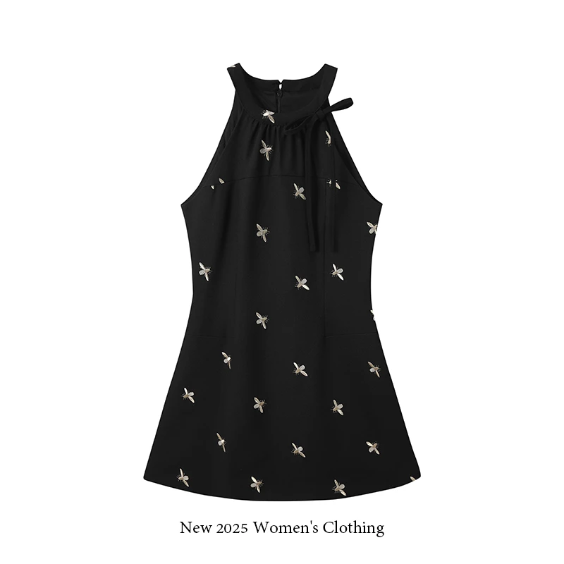 夏季新款法式黑裙刺绣小蜜蜂无袖连衣裙/1316