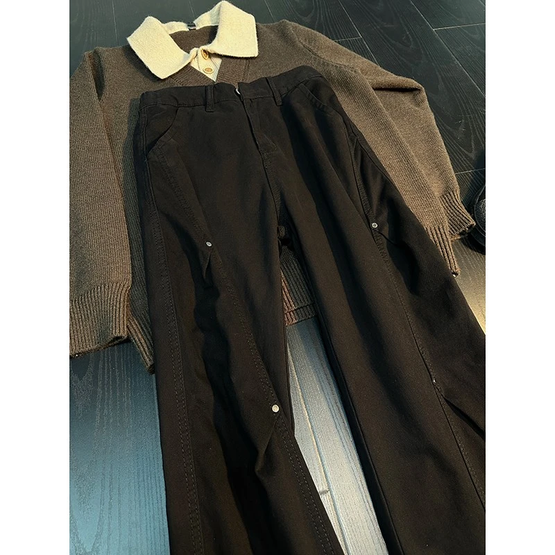 美式斜切褶皱设计直筒牛仔裤男款高街痞帅工装裤子宽松显瘦阔腿裤