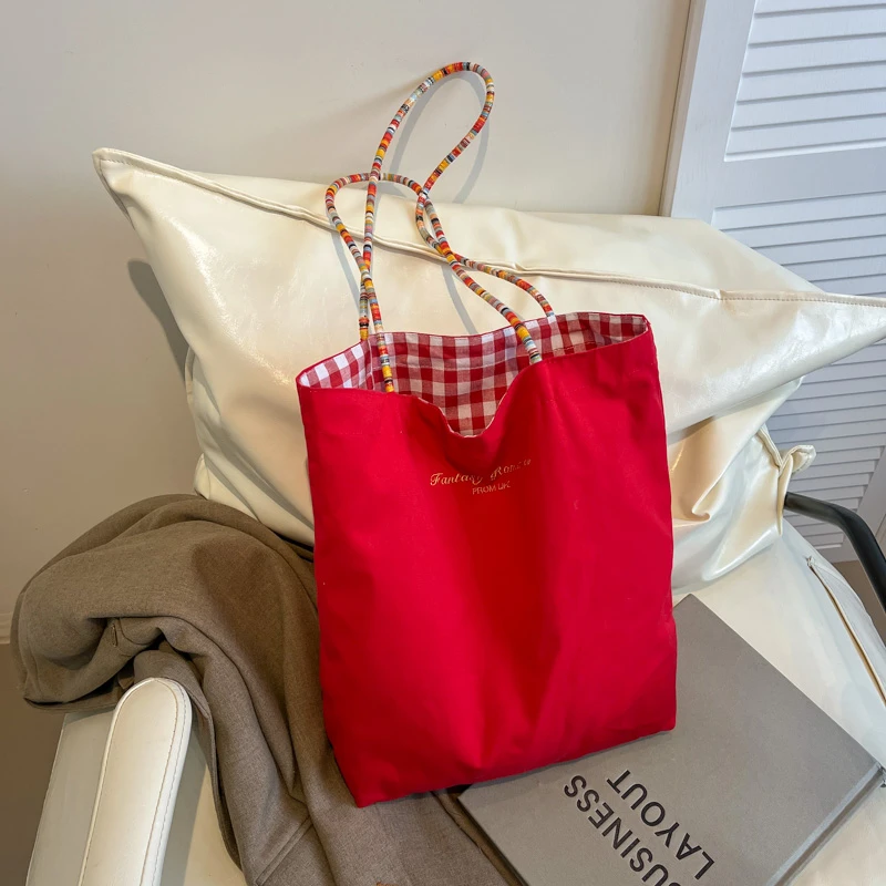 YUSMYU美式双面包格子帆布包女通勤托特包复古撞色手拎包春季新款