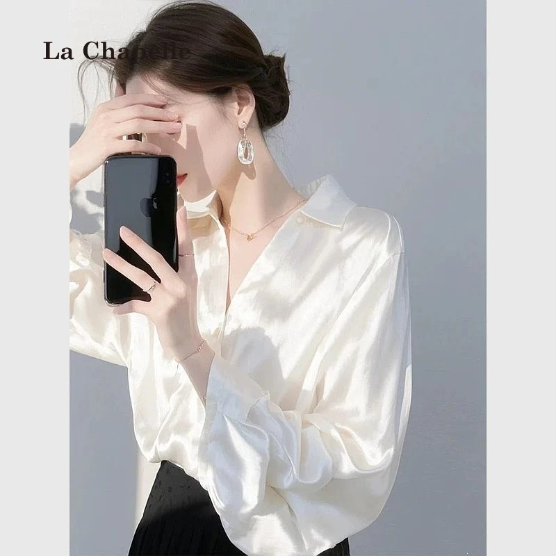 拉夏贝尔小香风白色长袖缎面衬衫女2025早春新款独特别致高端上衣