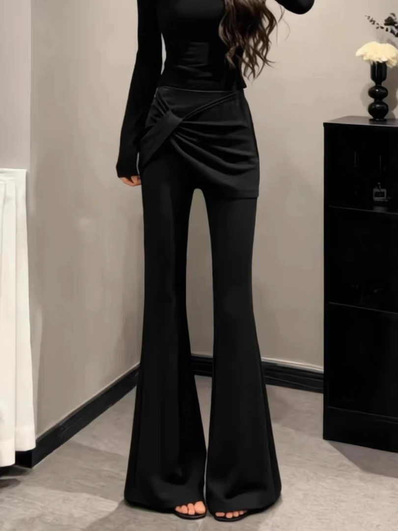 韩版设计感假两件遮肚子百搭高腰显瘦超弹修身微喇裤微喇叭黑色