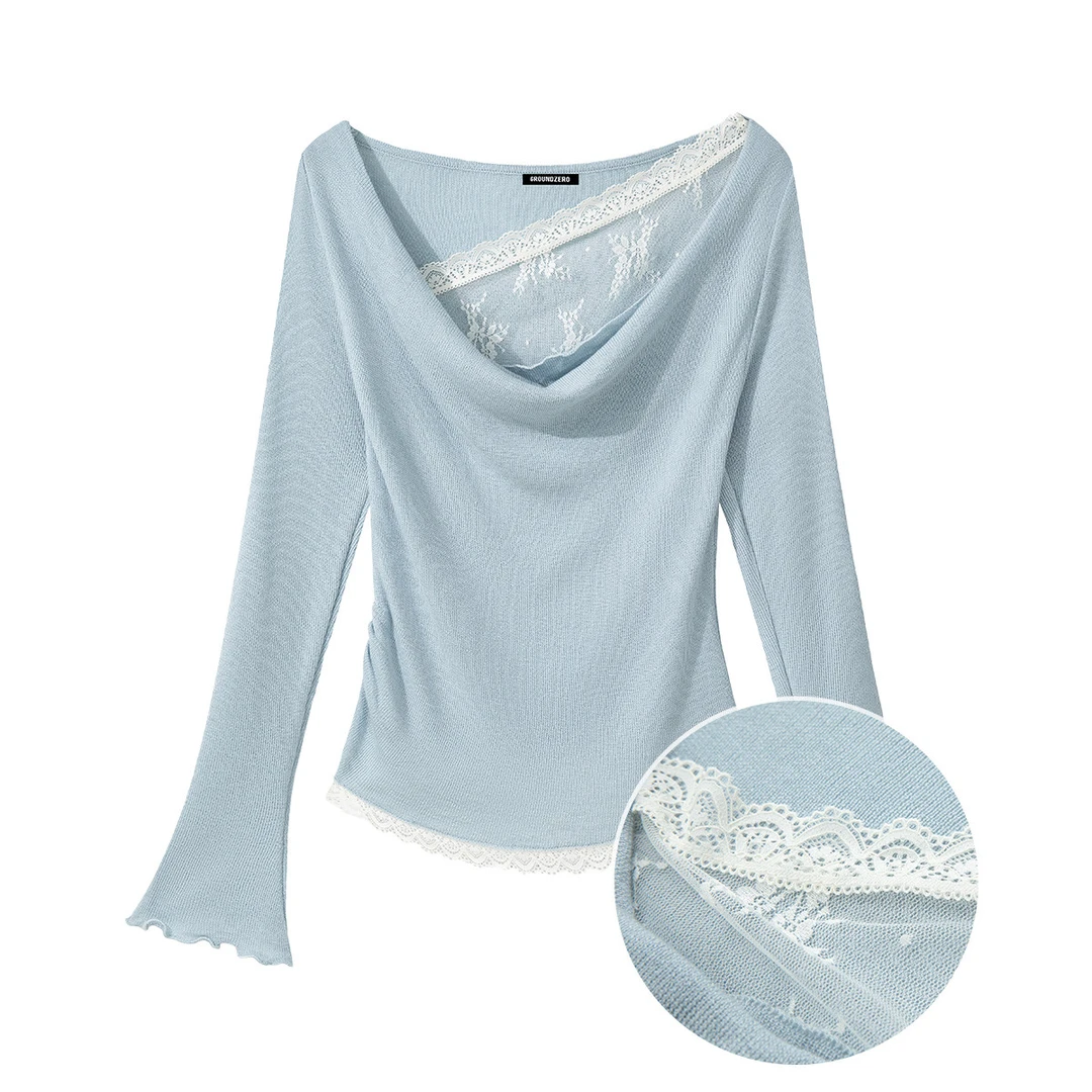 i.tGROUND ZERO法式辣妹修身蕾丝拼接荡领针织衫GZOTPRMW00180