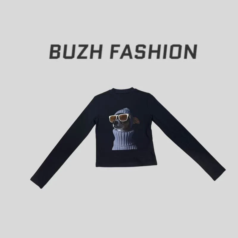 BUZH2025新款‘眼镜狗’设计感舒适长袖T恤百搭打底小衫