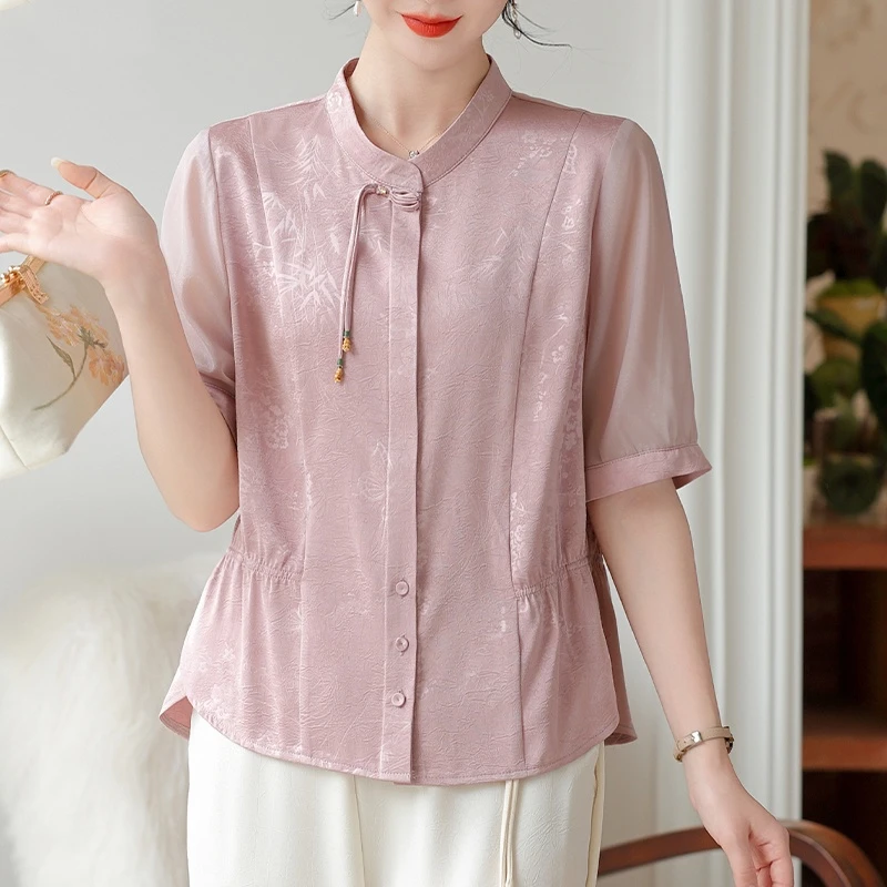 衣服妈妈夏装冰丝短袖小衫套装中老年女夏季新中式衬衫上衣