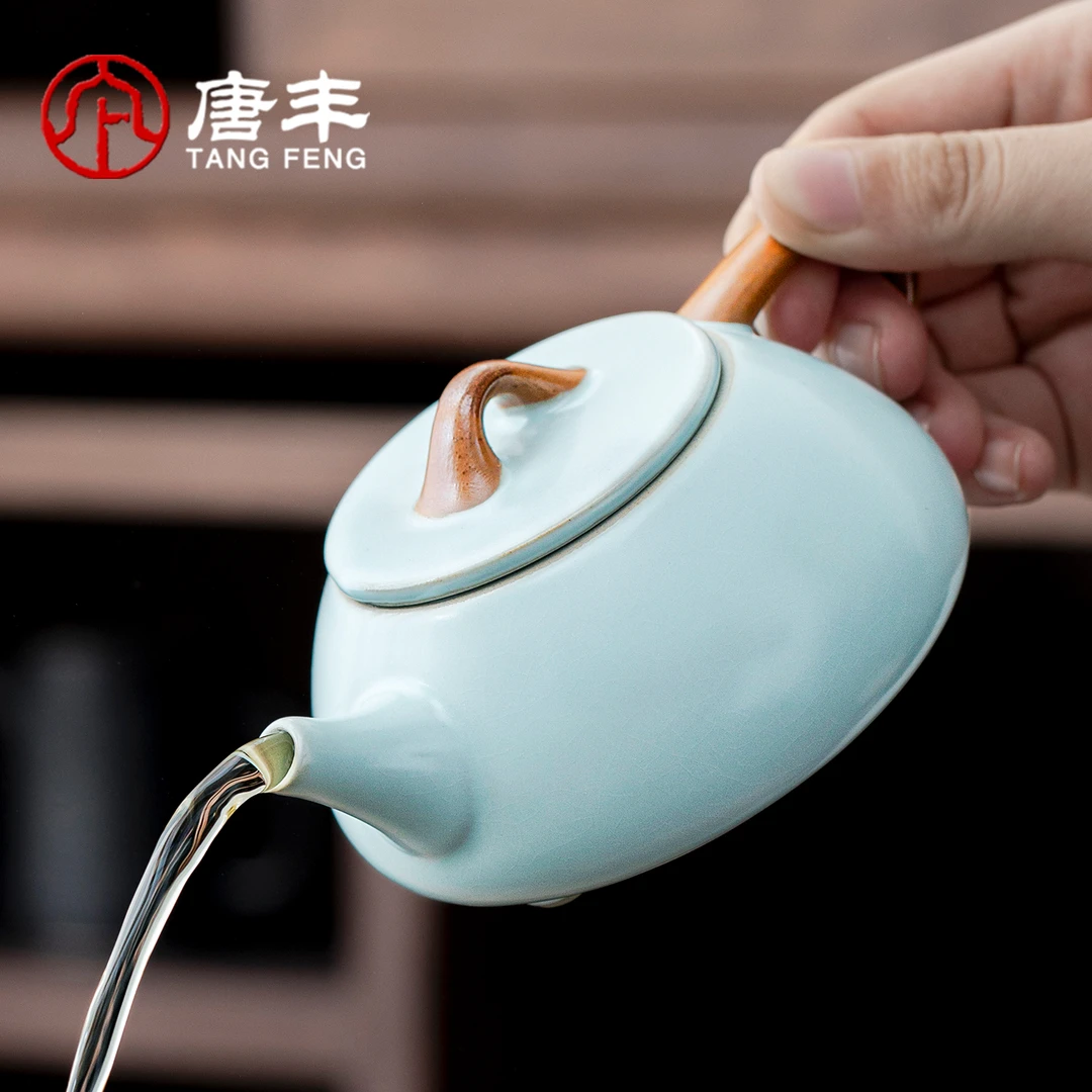 唐丰天青汝窑茶壶泡茶家用茶水分离单壶工位一人饮小壶石瓢壶