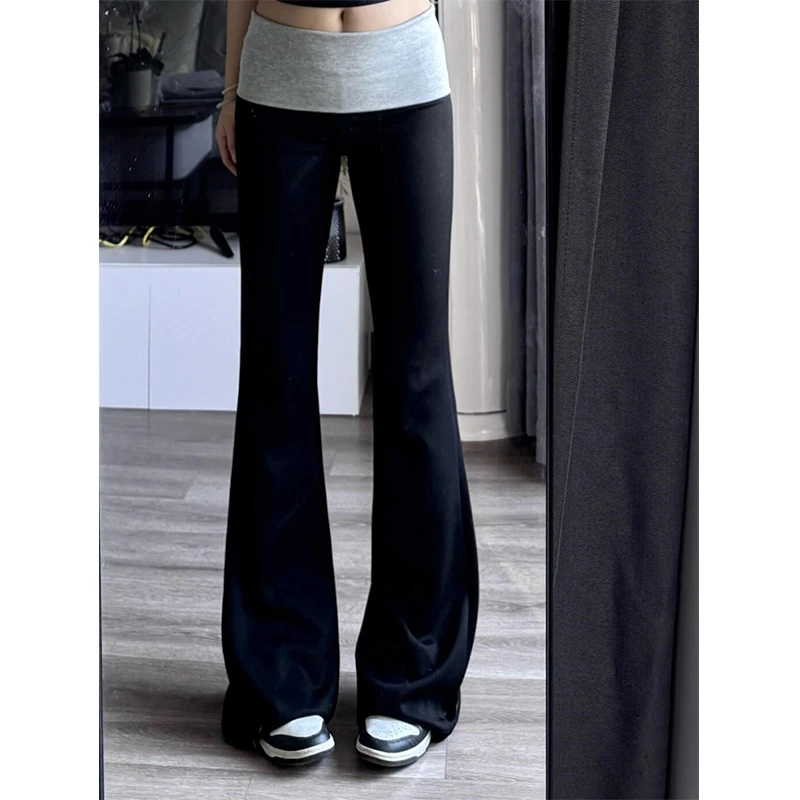 翻边低腰微喇叭裤子女美式高街修身休闲瑜伽拖地裤