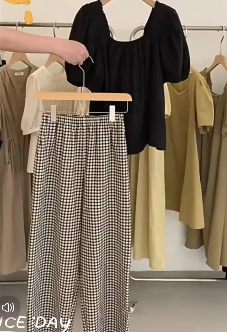 YN S腰60-100长99松紧腰格子裤女高腰显瘦休闲棉麻夏季薄款 8038