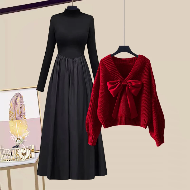 安可拉红蝴蝶结针织毛衣秋装2024新款赫本风黑色半高领长裙两件套