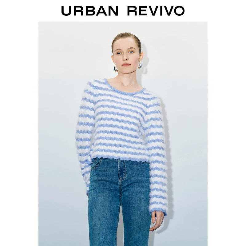 UR2024秋冬季新款女装时尚撞色条纹绒感长袖针织衫UWG930155