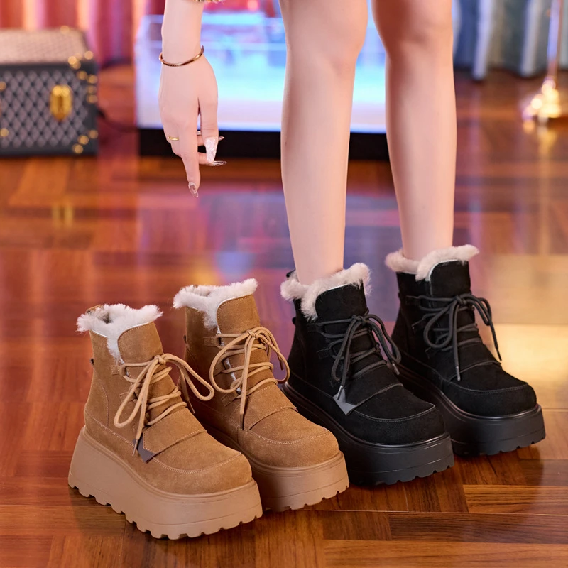 内增高厚底加绒保暖真皮雪地靴女2025冬季新款防滑棉鞋