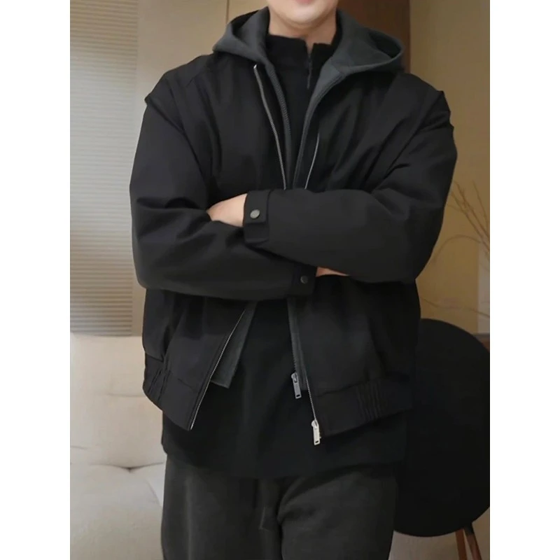 假两件拼接连帽夹克男高级感痞帅冬季加绒加厚外套短款工装棒球服