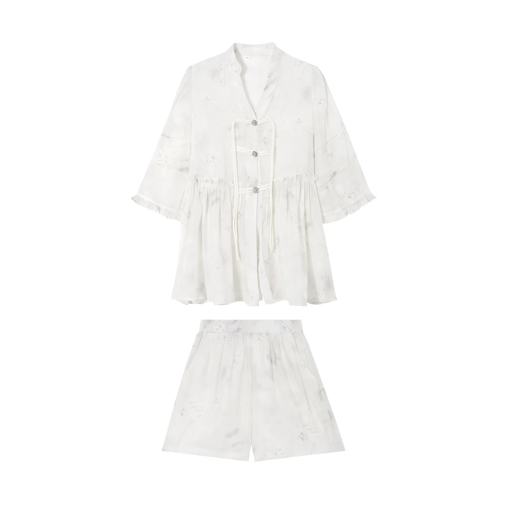 A 10029 新中式国风衬衫短裤女2024夏季新款高级感时尚提花两件套