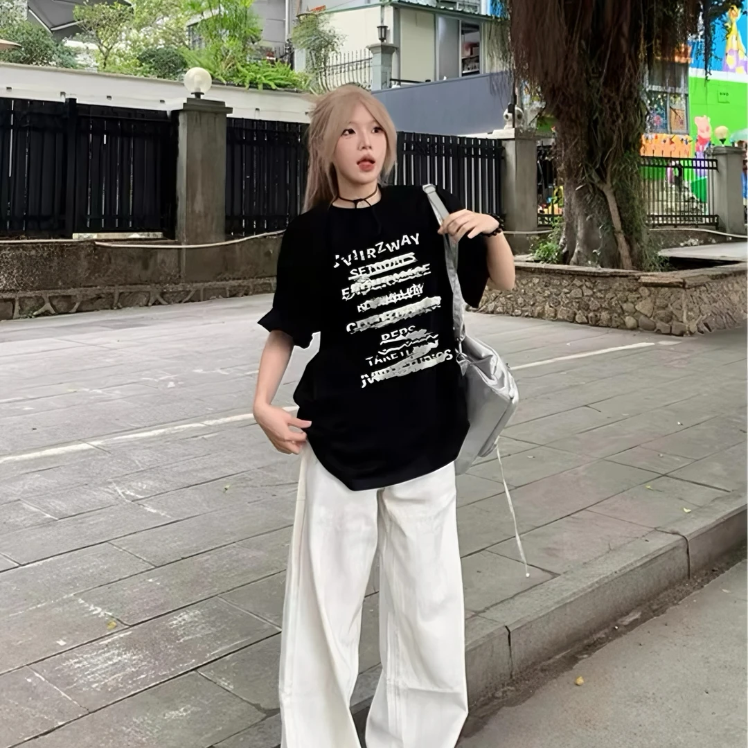 美式高街设计感字母印花黑色短袖t恤女夏季街头宽松上衣重磅纯棉