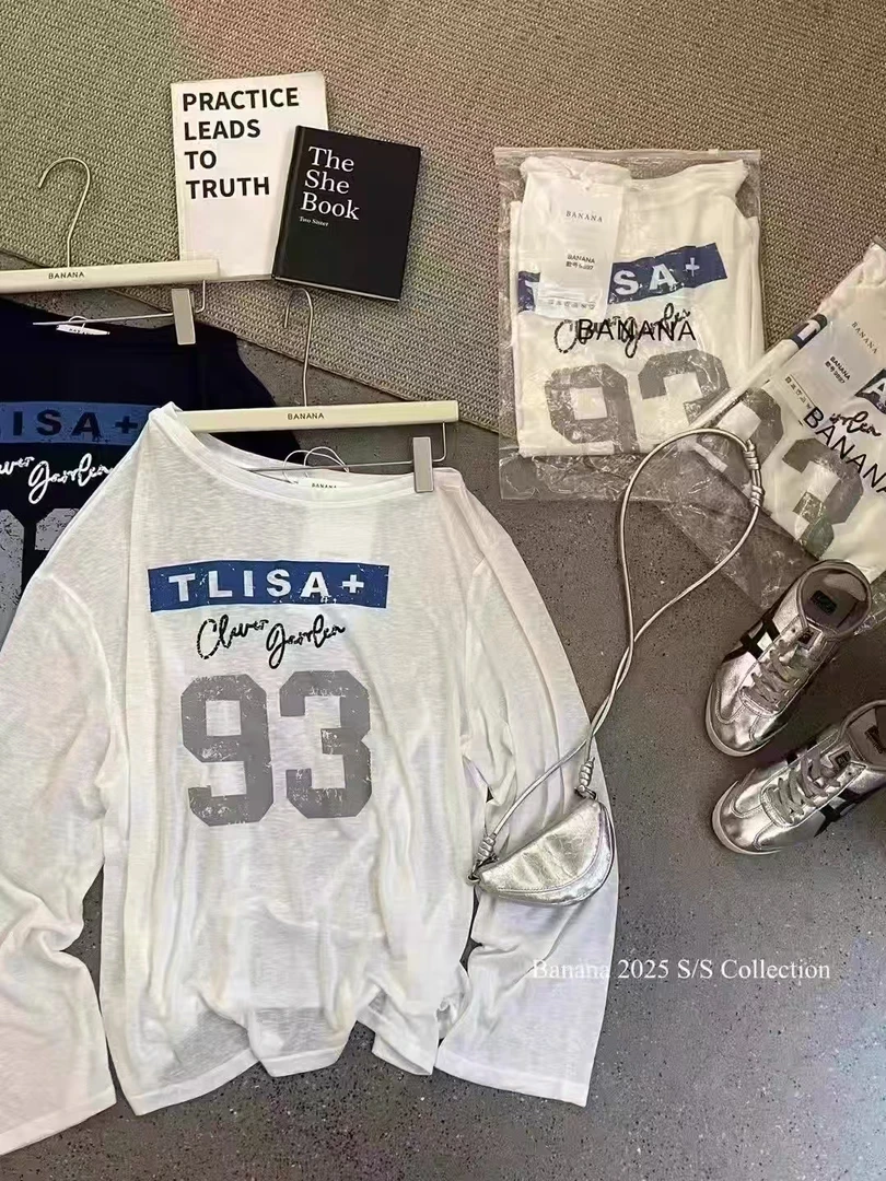 2025早秋新款时尚斜襟防晒露肩慵懒风印花长袖T恤