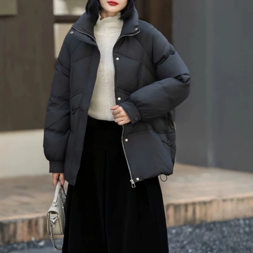 58813冬款宽松简约百搭立领中长款白鸭绒羽绒服外套