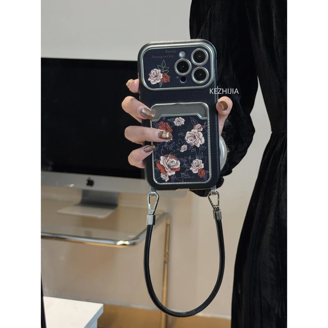 【壳之】高级黑底山茶花皮质卡包适用苹果16/15/14/13promax手机壳