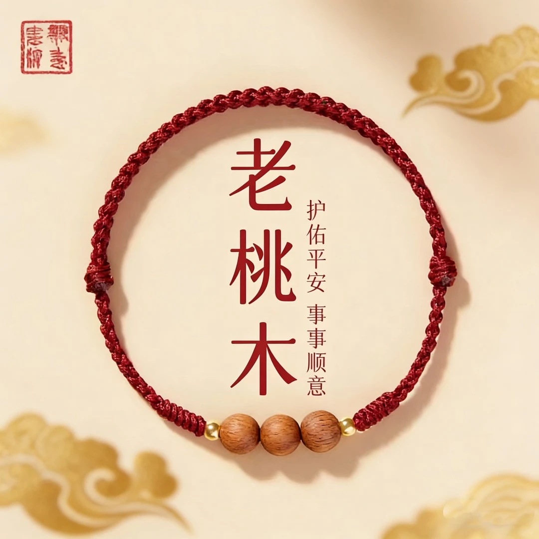 本命年吉祥老桃木红色编织手绳情侣款可调节纯手工简约