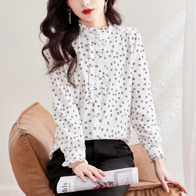 印花双层棉纱长袖春款木耳边立领女士衬衫洋气百搭长袖上衣潮1977