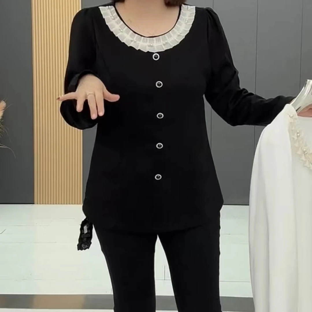 影2977休闲减龄时尚气质蕾丝拼接圆领长袖衫