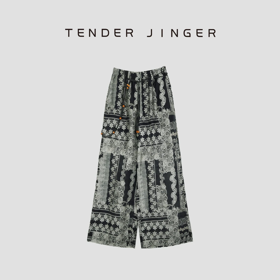 Tender Jinger松紧腰复古印花阔腿休闲裤T52BEI80101