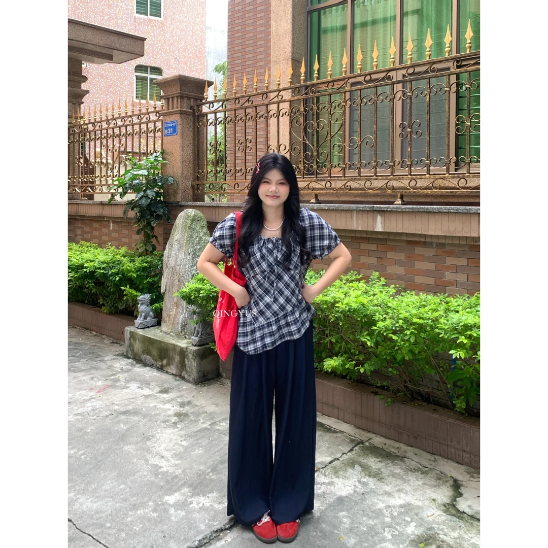 青屿衫-韩系复古格纹衬衫气质不规则系带上衣微胖显瘦春季大码女