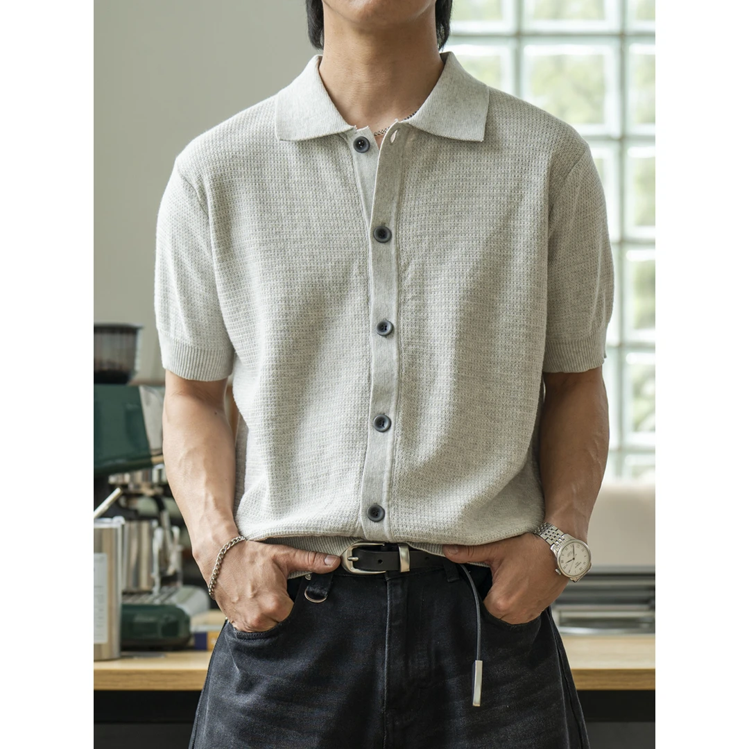 新款夏季高级感老钱风百搭休闲纯棉针织短袖翻领衬衫男68830