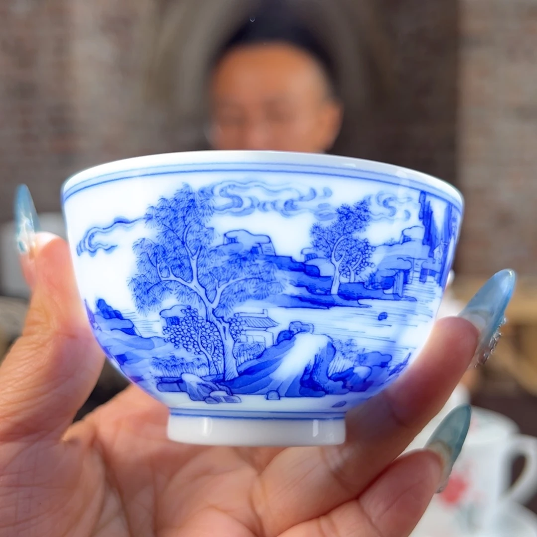 柴窑青花康熙山水直口杯