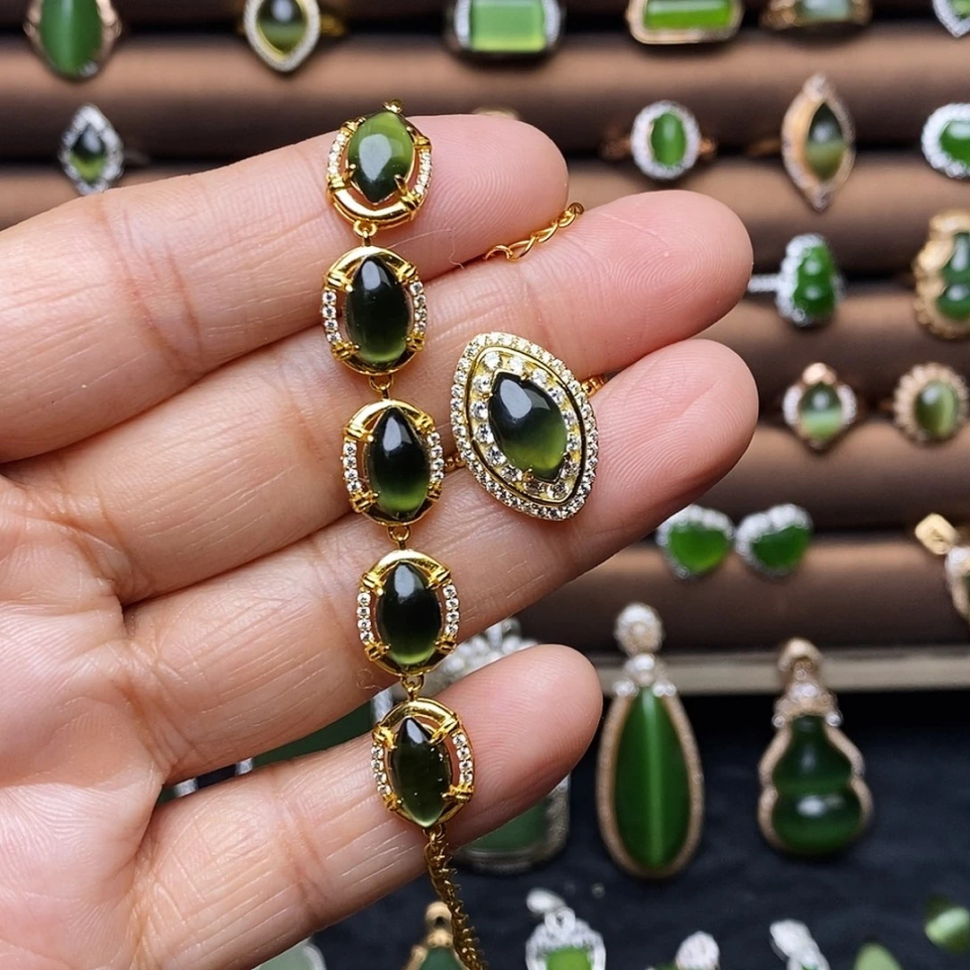 吊坠(不含链)银S925镶嵌和田玉（碧玉）套装