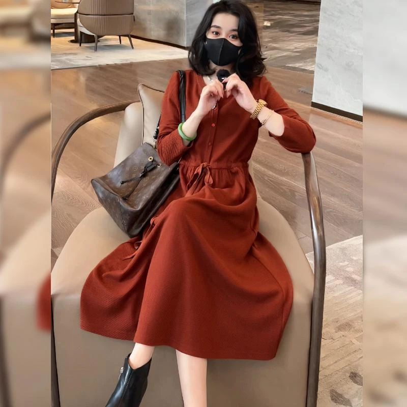 0926秋季新款法式复古橘色针织提花收腰长袖连衣裙气质显瘦裙子