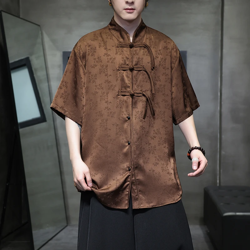 复古潮牌高级感垂感冰丝衬衫男短袖中国风提花小众设计感帅气衬衣