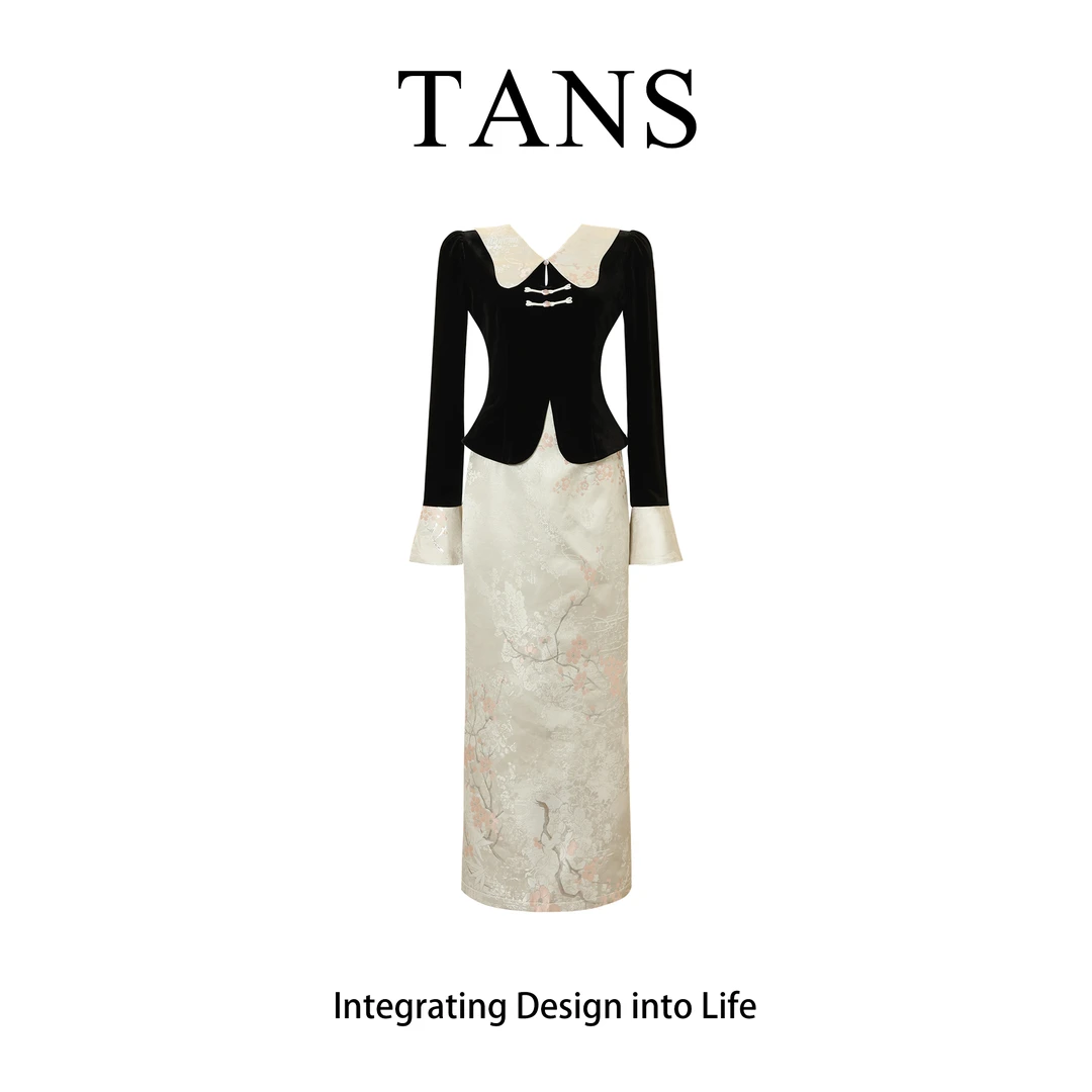 TANS【秋季新品】新中式国风改良版假两件修身显廋连衣裙女秋