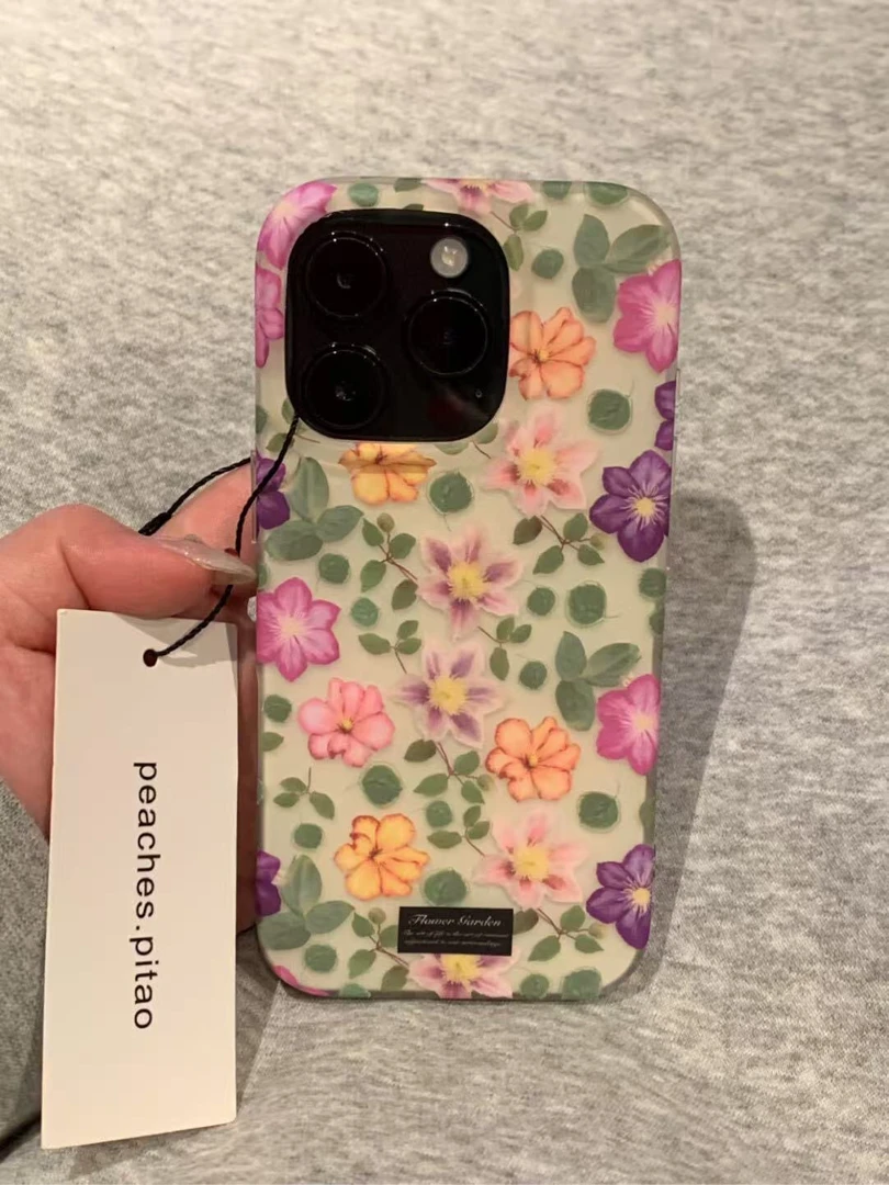 ins绿叶粉紫花朵适用苹果16Promax手机壳vivo华为oppo小米15磨砂