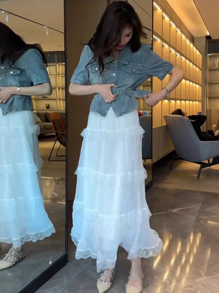 复古收腰显瘦牛仔短外套女2025夏季新款上衣松紧腰蕾丝半身裙套装