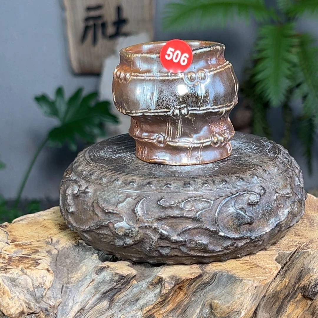 杯506柴烧手捏竹节杯自然落灰釉