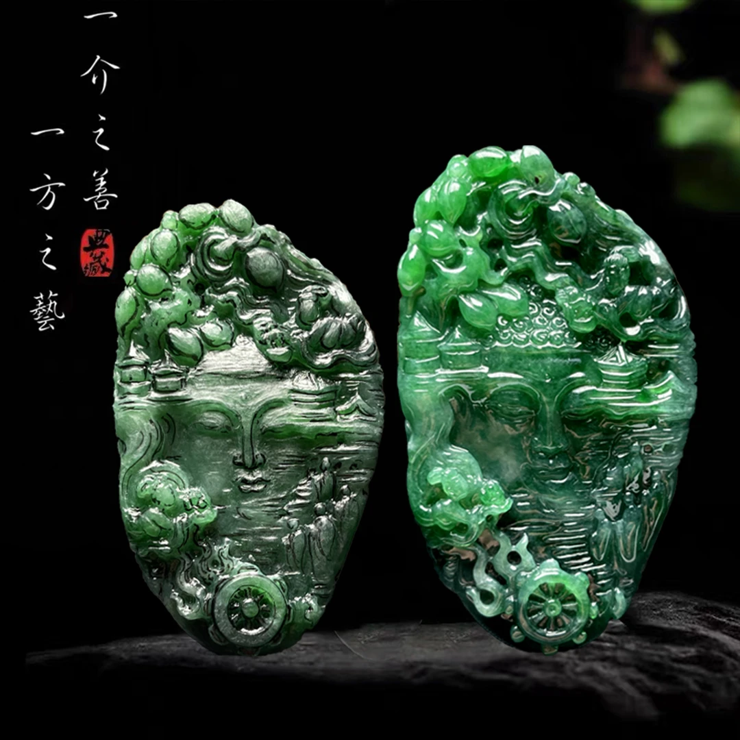 【已结缘】合一堂翡翠工作室定制展示：糯冰辣阳绿《梦回敦煌》毛胚挂