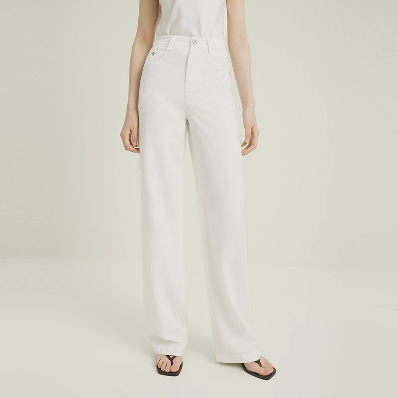 firststation经典显瘦白色宽松直筒天丝休闲裤女25夏新款J623A
