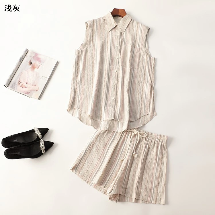 245717夏短款无袖翻领马夹休闲裤子套装