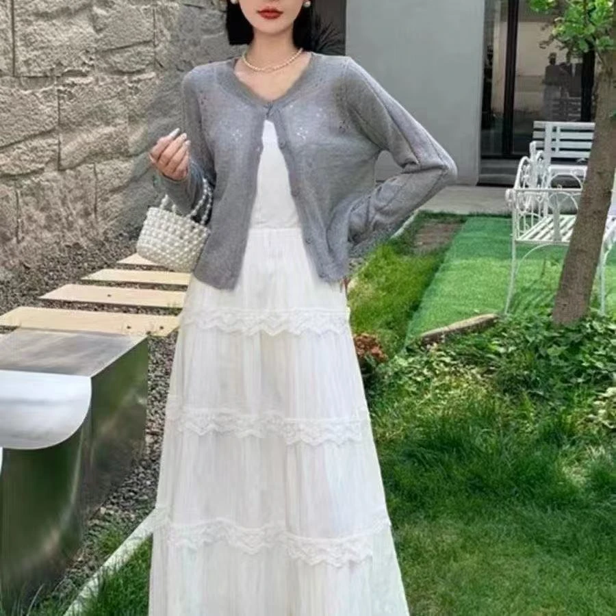 1632 法式温柔风白色吊带裙针织开衫显瘦两件套套裙JR