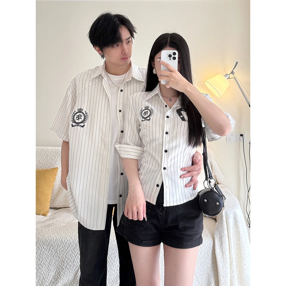 美式辣妹黑白条纹球服短袖衬衫女夏季情侣装修身显瘦露背短款衬衣