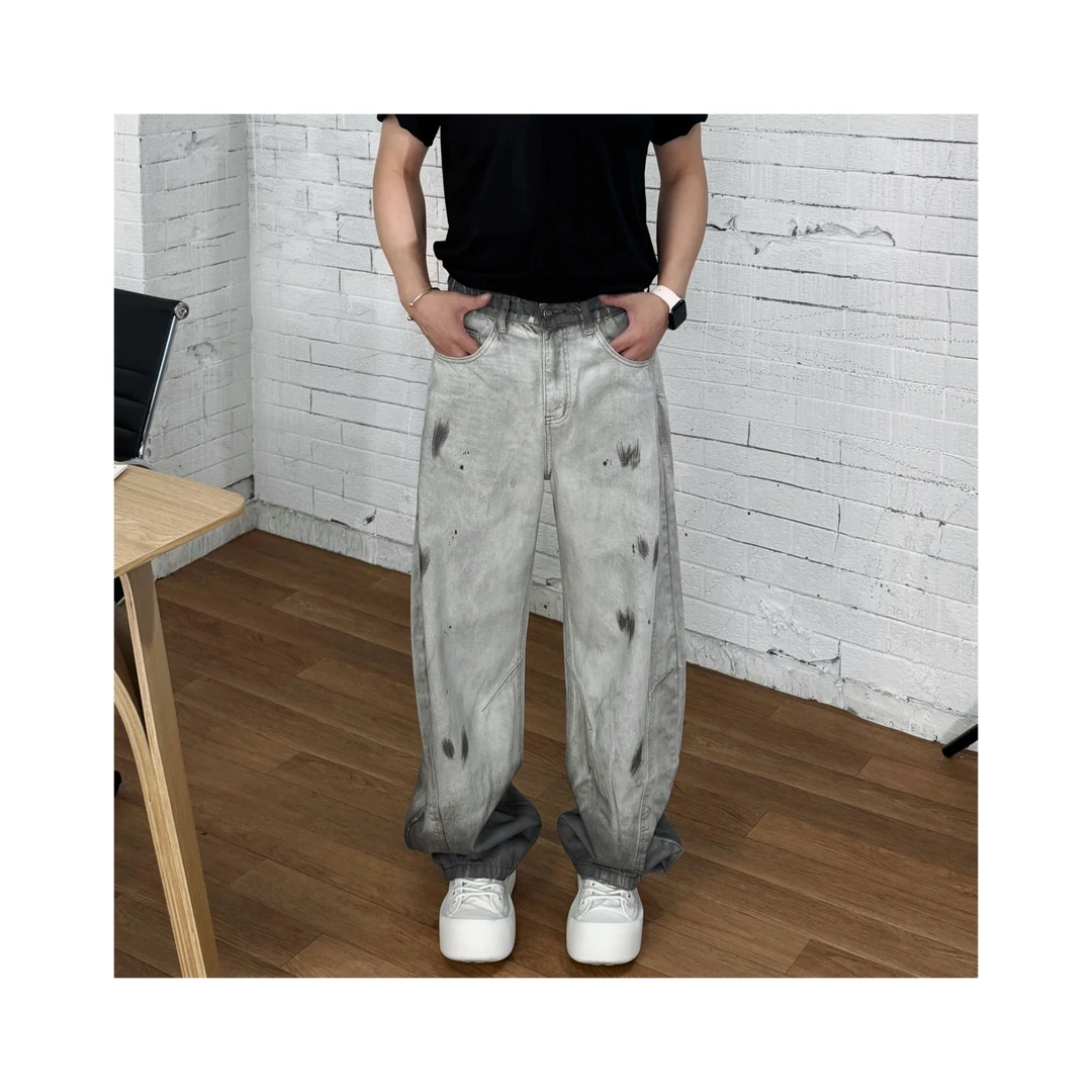 【张茂studio】夏季新款浅灰色宽松直筒小弯刀油漆泼墨百搭牛仔裤子