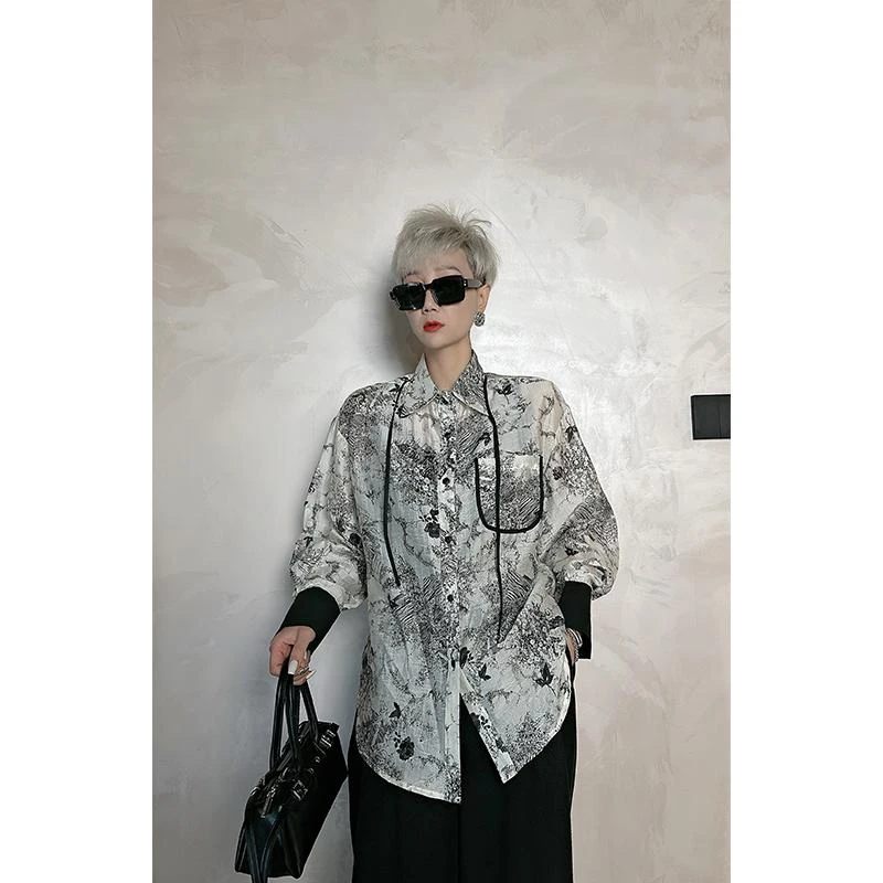 Dan Dan 山水画水墨风小众设计长袖衬衫女 新中式国风衬衣