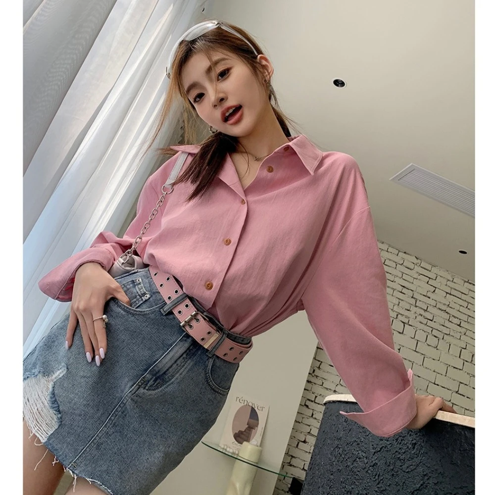 2025春夏新款粉色长袖衬衫女翻领防晒衫宽松打底衬衣开衫上衣