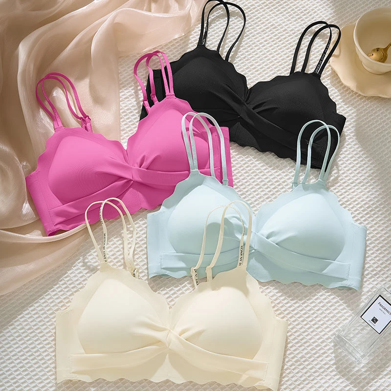 轻薄波浪边字母双肩带美背文胸罩软支撑小胸聚拢性感纯欲风内衣