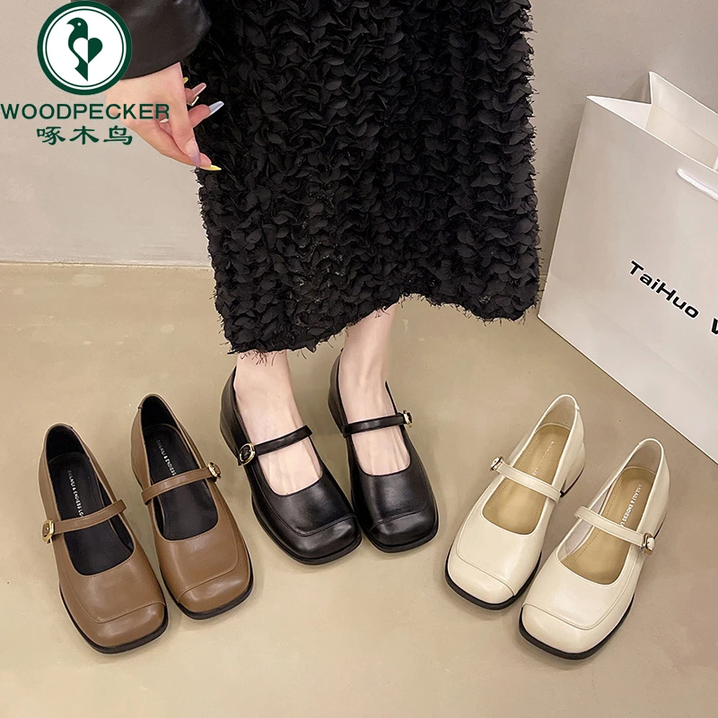 啄木鸟法式浅口单鞋女2025春秋新款粗跟方头高跟鞋一字带玛丽珍鞋