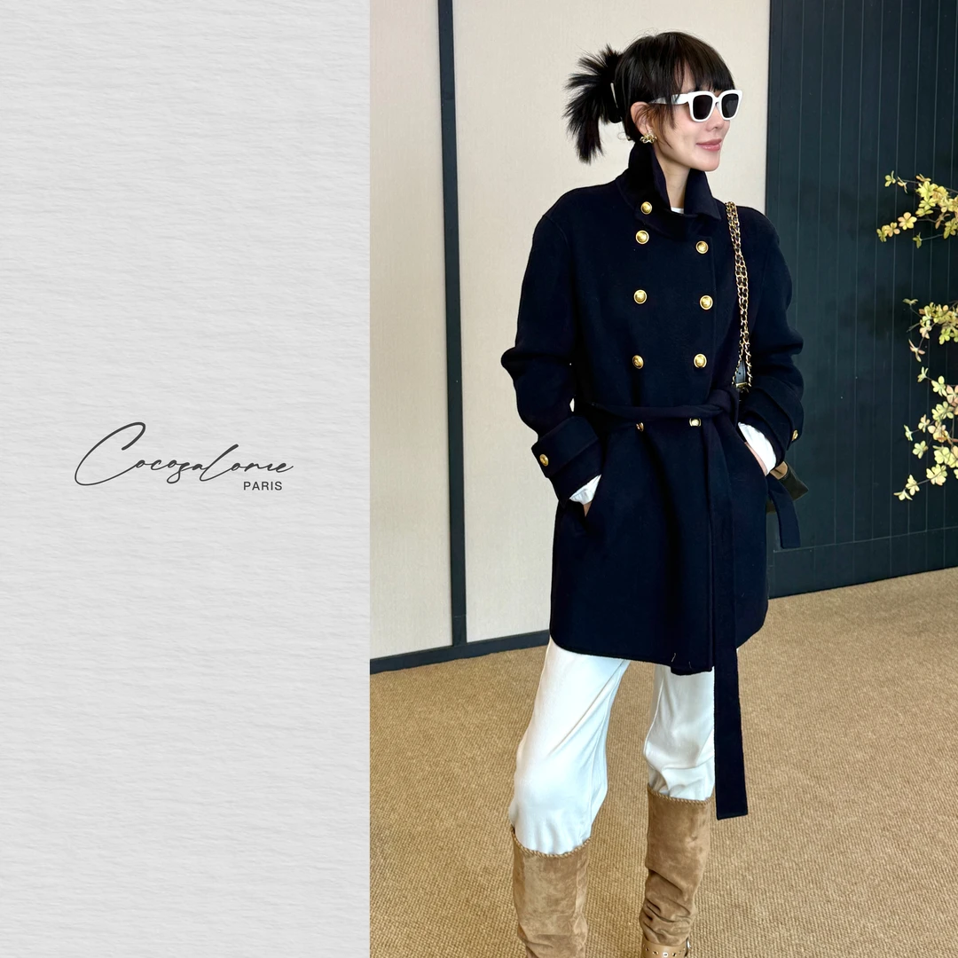 韩彬彬"鎏金"宛如云朵般柔软双排金色纽扣羊毛外套2678-1