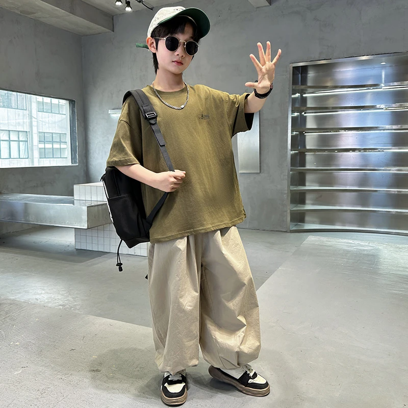儿童装男童夏装纯棉套装2025新款夏季宽松中大童男孩帅气灯笼裤潮
