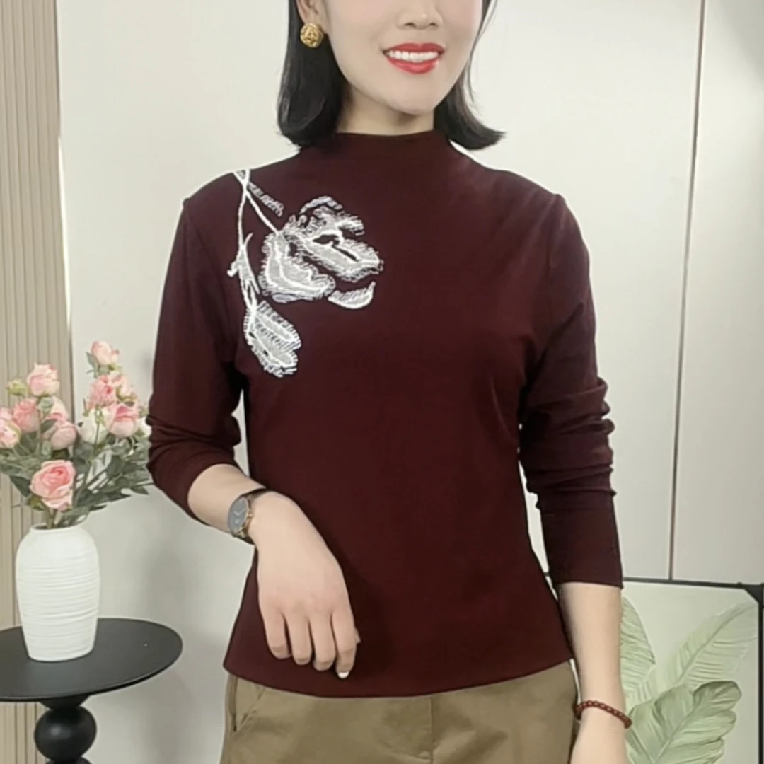 新款秋季印花打底衫百合花法式百搭打底衫时髦洋气女上衣外穿打底