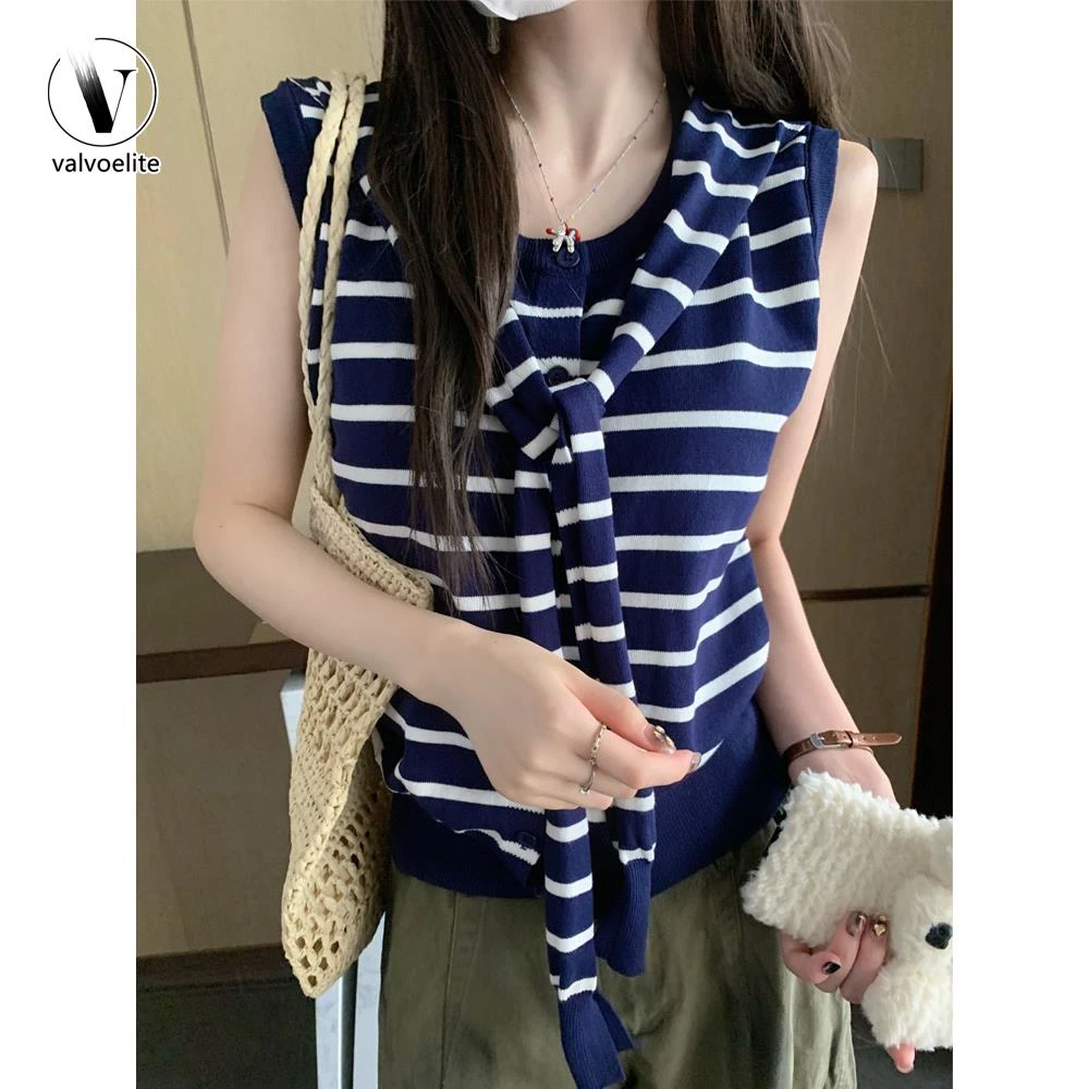 VALVOELITE韩系撞色披肩假两件小衫女夏季学院风条纹无袖针织上衣