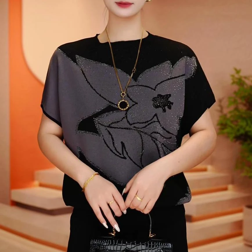 2025夏季新款高档百搭圆领印花短袖T恤洋气拼色冰丝针织衫上衣女