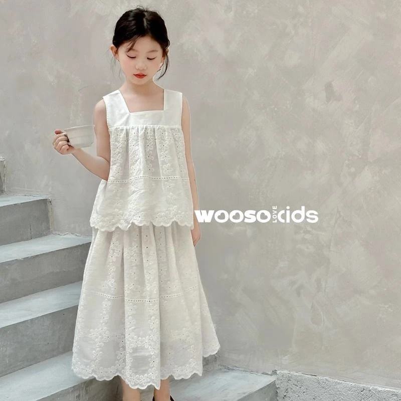 女童高端提花纯色吊带连衣裙夏季2025新款中大儿童女孩背心两件装